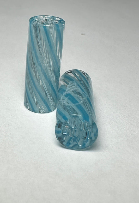 Two Clear-Blue 10mm Straight cylindrical glass objects by CONEZ, featuring a swirling blue and clear pattern against a plain background. One stands upright while the other lies on its side, showcasing the intricate design.