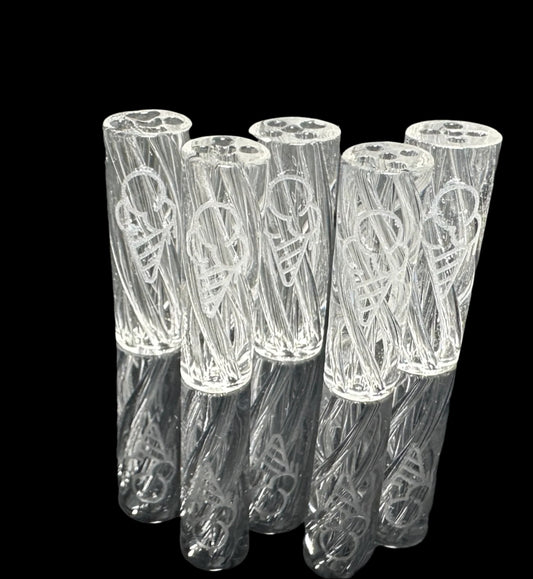 Six intricately designed CLEAR CONEZ by CONEZ stand upright on a reflective black surface, featuring swirling internal patterns that create a textured and artistic appearance.